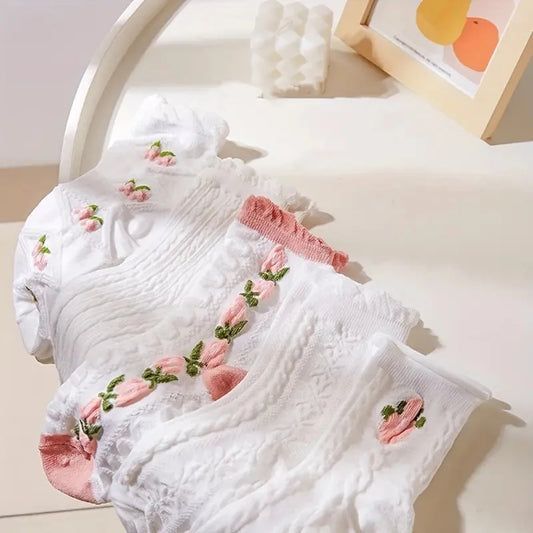 5 Paar Schattige Kanten Mid Tube Sokken Dames Lolita/JK Gerimpelde Harajuku Stijl Herfst Winter Zachte Veelzijdige Modieuze Meisjes Sokken