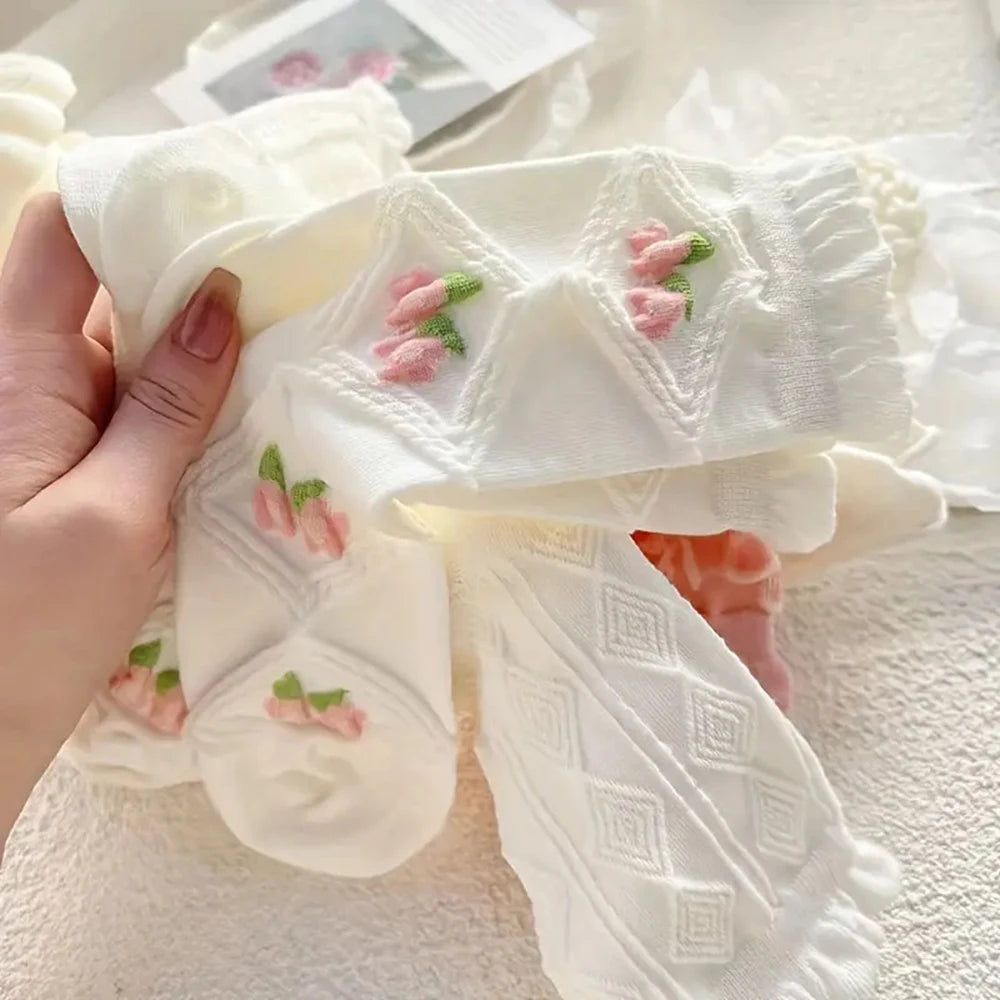 5 Paar Schattige Kanten Mid Tube Sokken Dames Lolita/JK Gerimpelde Harajuku Stijl Herfst Winter Zachte Veelzijdige Modieuze Meisjes Sokken