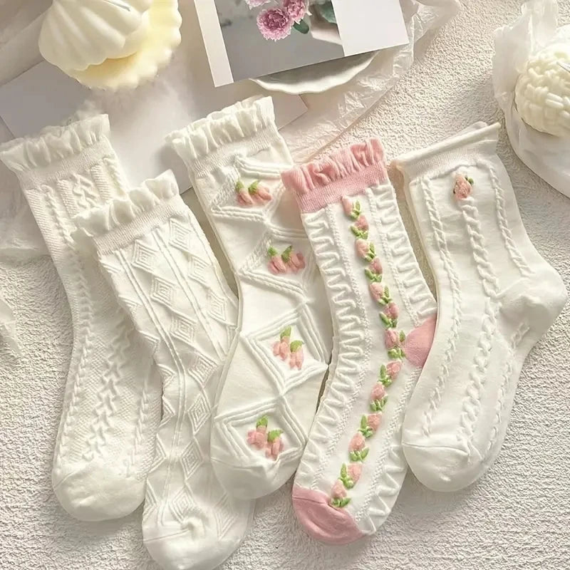 5 Paar Schattige Kanten Mid Tube Sokken Dames Lolita/JK Gerimpelde Harajuku Stijl Herfst Winter Zachte Veelzijdige Modieuze Meisjes Sokken