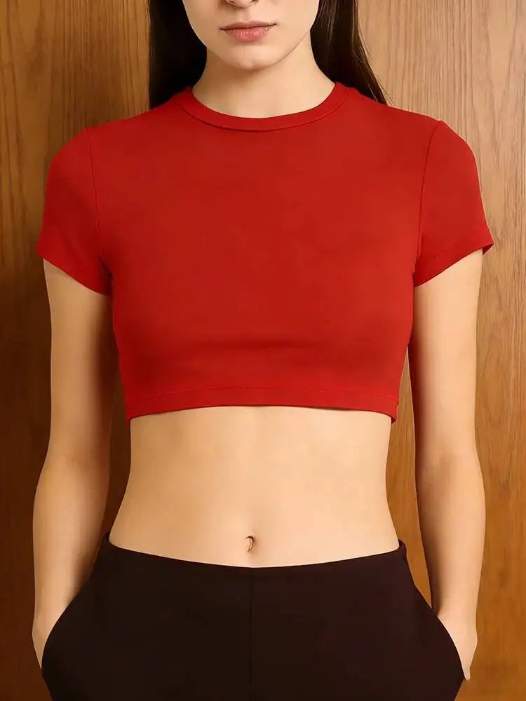 Yogaleven Crop Top – Ronde Hals Korte Mouw Rood