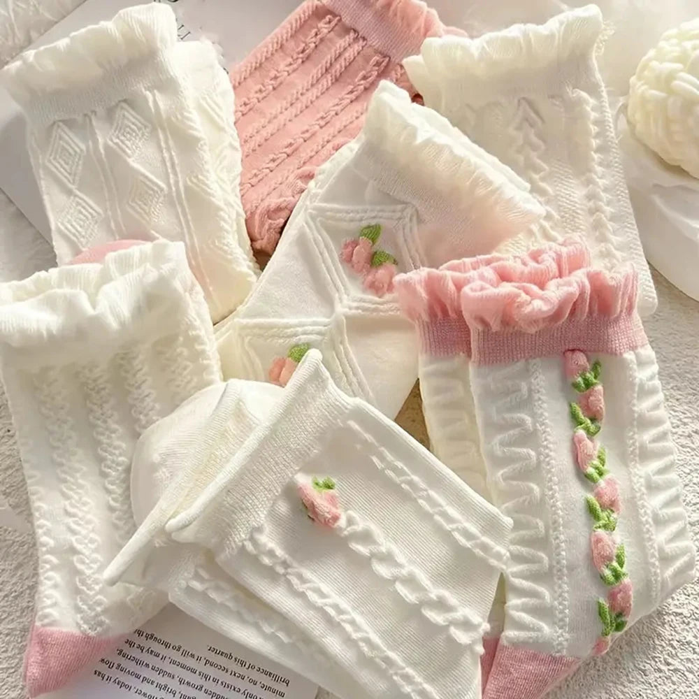 5 Paar Schattige Kanten Mid Tube Sokken Dames Lolita/JK Gerimpelde Harajuku Stijl Herfst Winter Zachte Veelzijdige Modieuze Meisjes Sokken