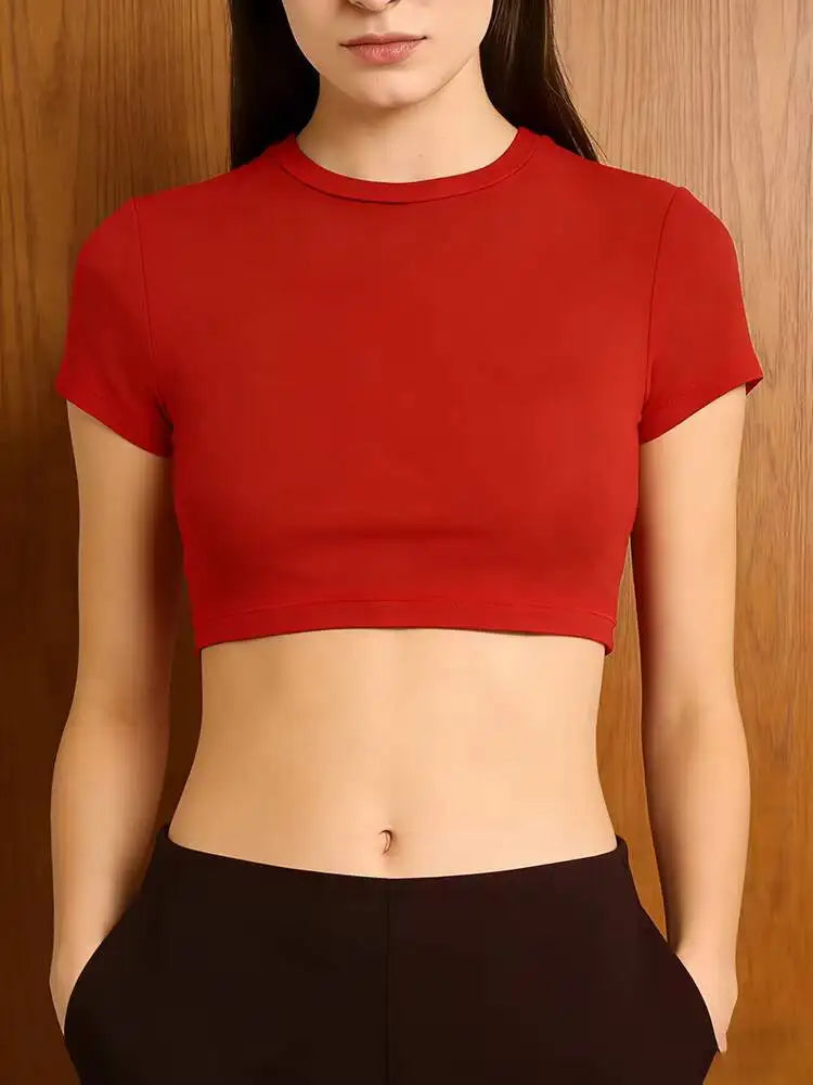 Yogaleven Crop Top – Ronde Hals Korte Mouw Rood