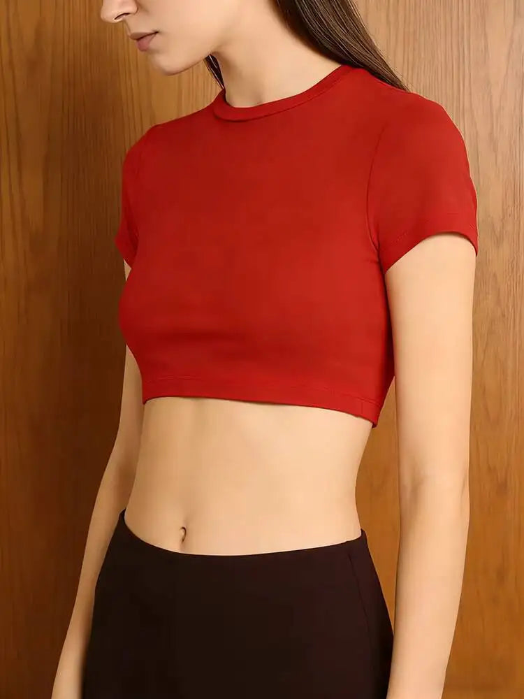 Yogaleven Crop Top – Ronde Hals Korte Mouw Rood