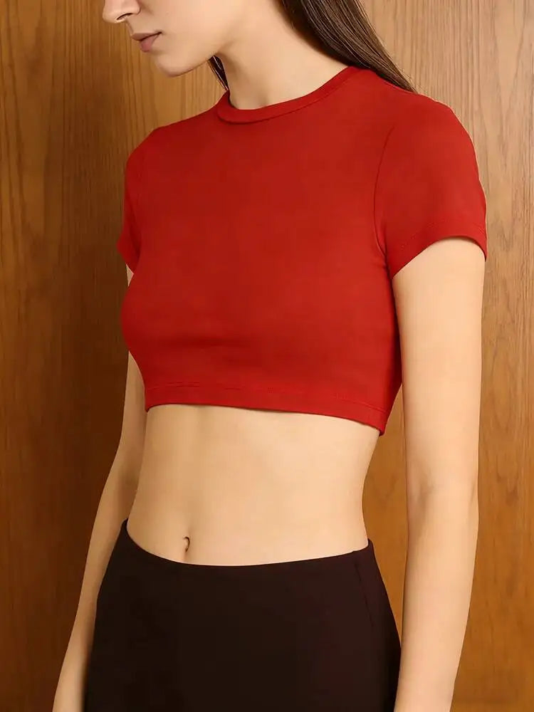 Yogaleven Crop Top – Ronde Hals Korte Mouw Rood