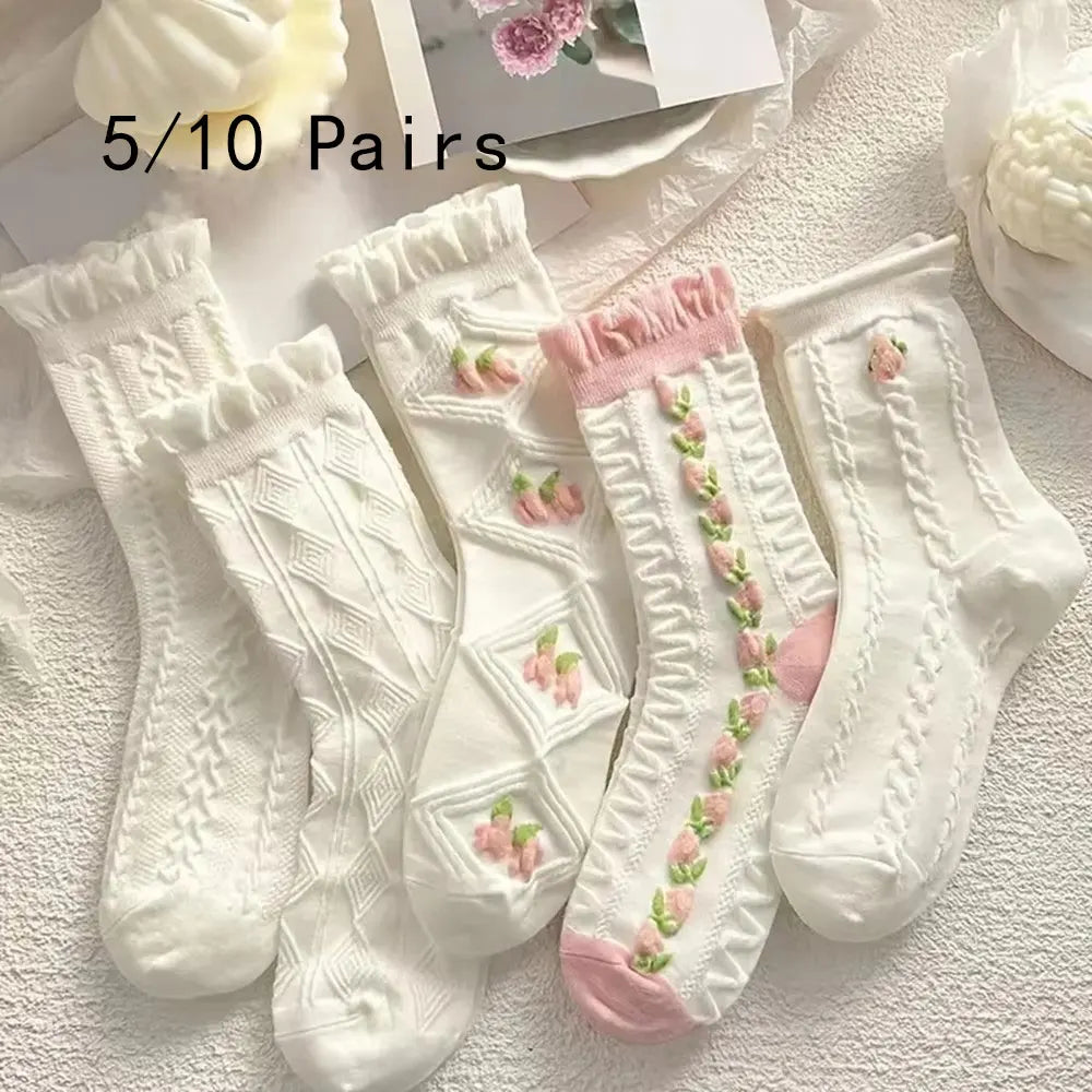 5 Paar Schattige Kanten Mid Tube Sokken Dames Lolita/JK Gerimpelde Harajuku Stijl Herfst Winter Zachte Veelzijdige Modieuze Meisjes Sokken
