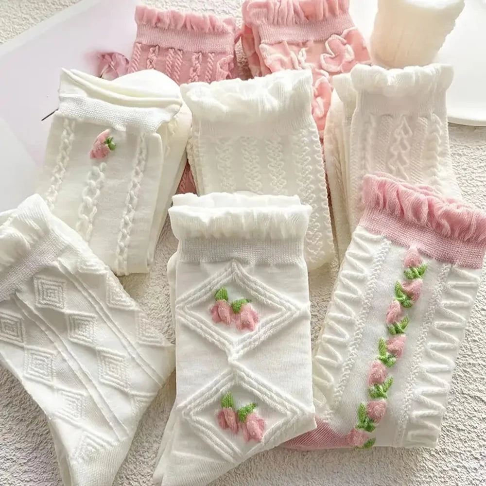5 Paar Schattige Kanten Mid Tube Sokken Dames Lolita/JK Gerimpelde Harajuku Stijl Herfst Winter Zachte Veelzijdige Modieuze Meisjes Sokken