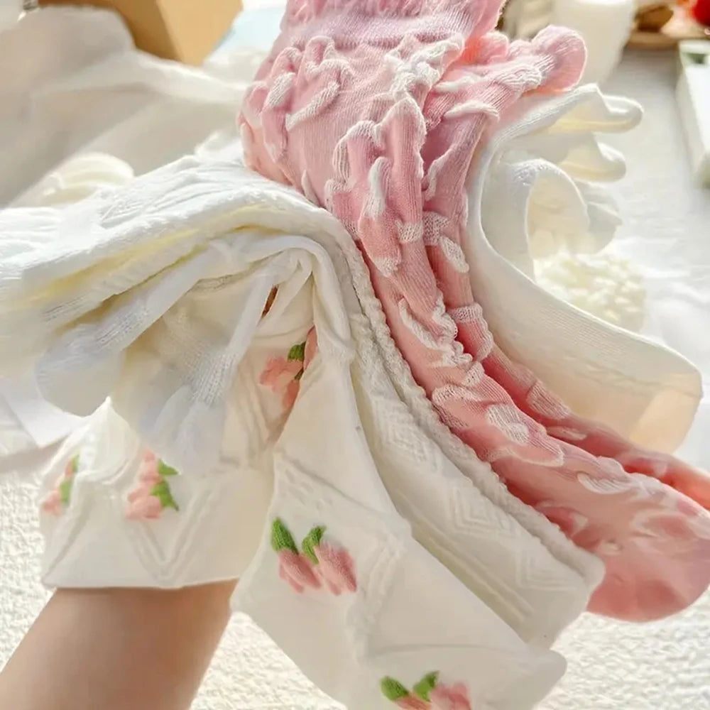 5 Paar Schattige Kanten Mid Tube Sokken Dames Lolita/JK Gerimpelde Harajuku Stijl Herfst Winter Zachte Veelzijdige Modieuze Meisjes Sokken